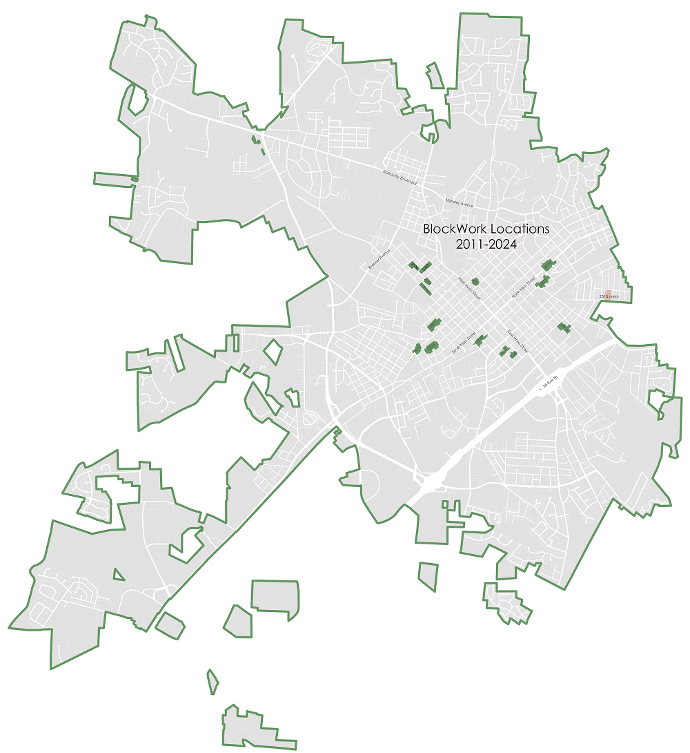 Map of previous BlockWork locations showing full city of Salisbury, NC limits.