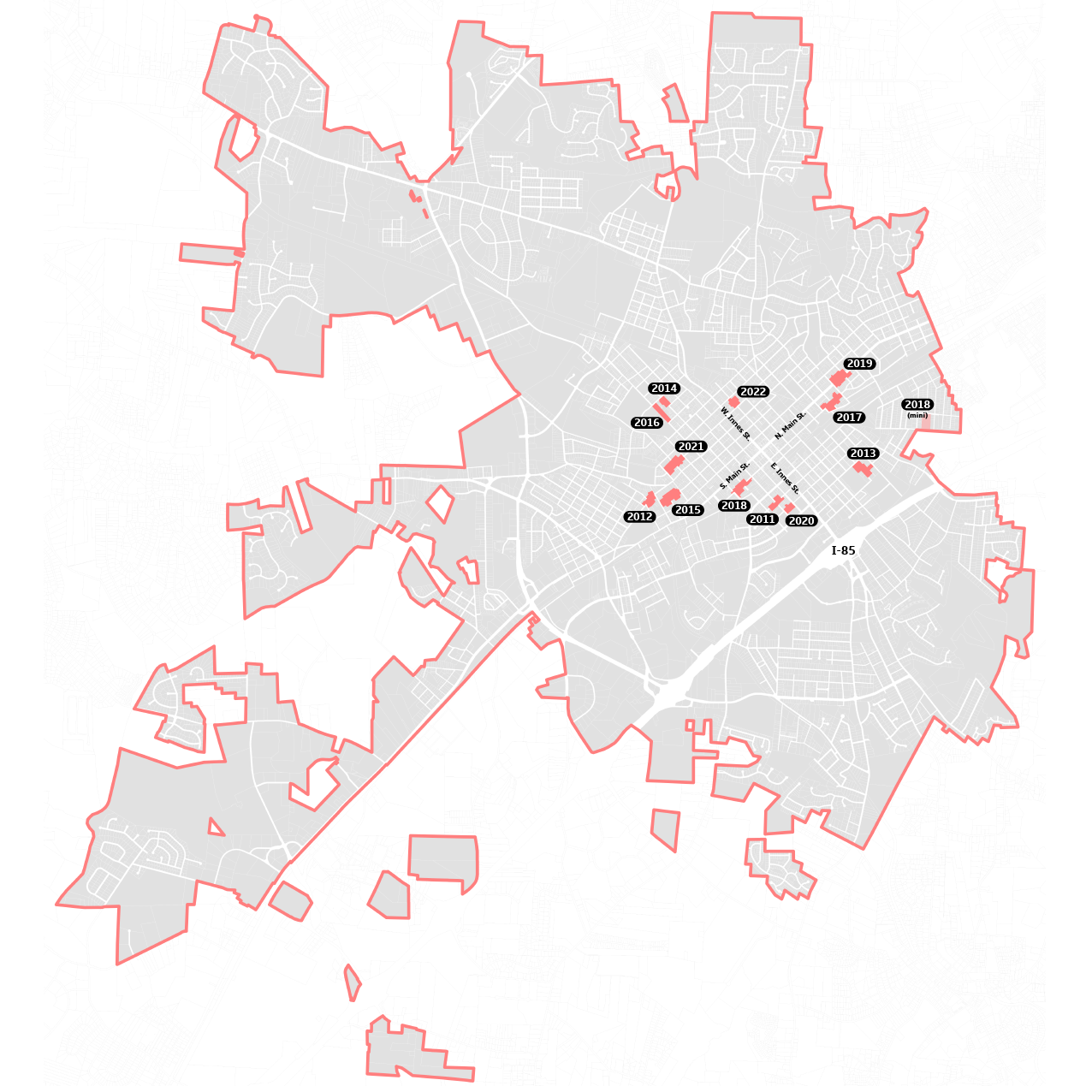 Map of previous BlockWork locations showing full city of Salisbury, NC limits.