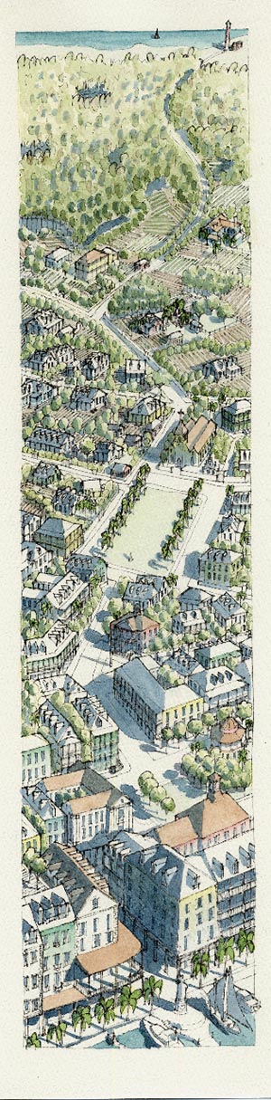 vertical illustration of urban city center transitioning into countryside