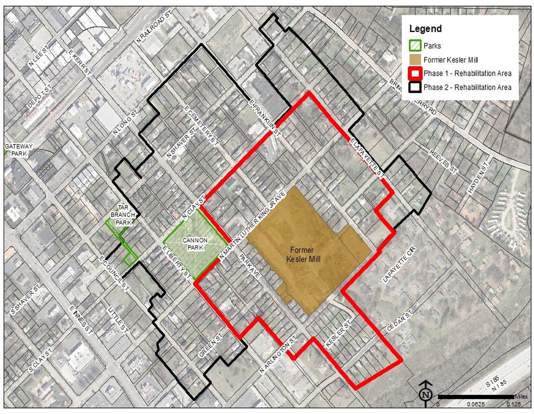 Map of Kesler Mill Brownfields Site, and park avenue neighborhood around the area eligble for assistance.