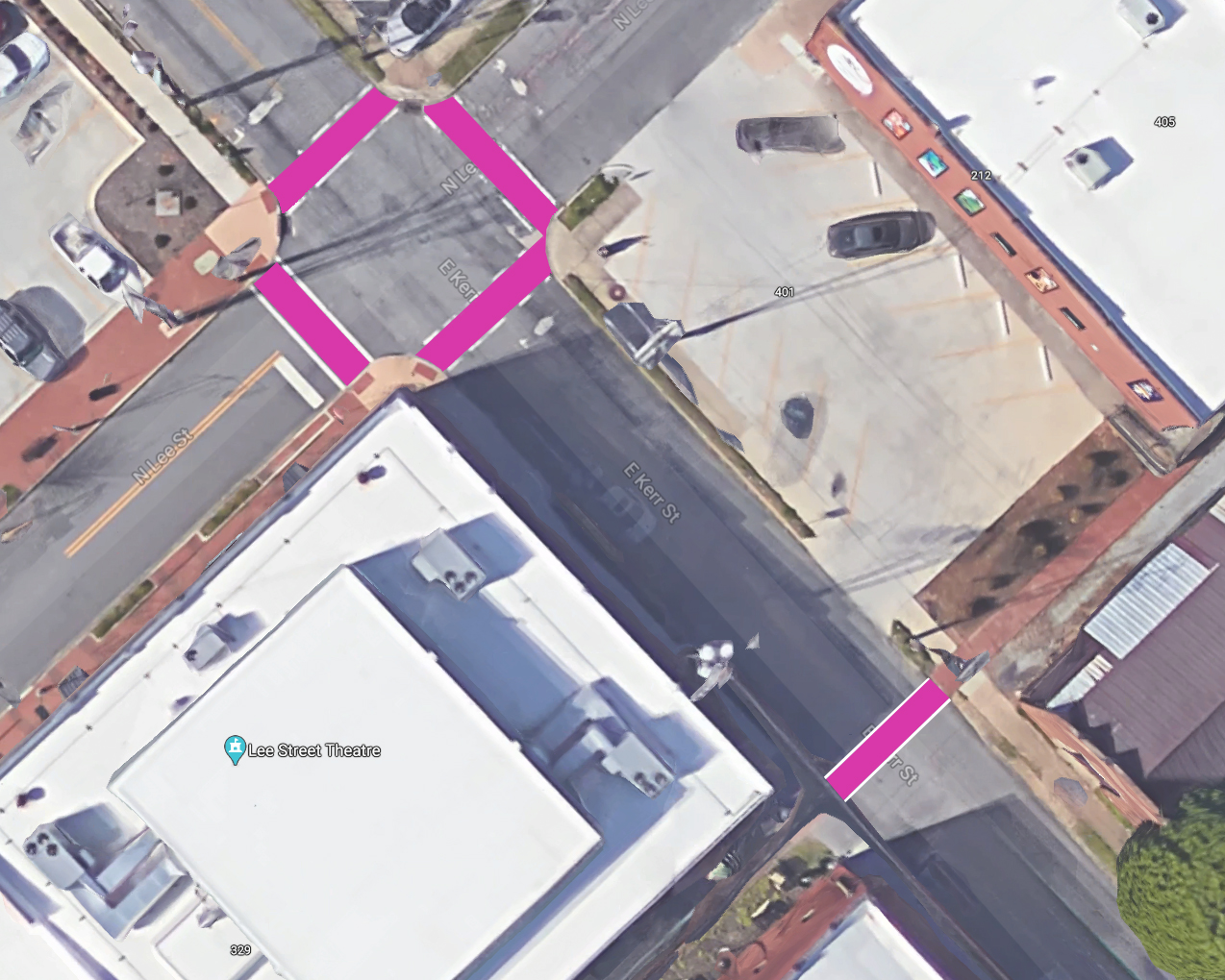 aerial map of the 5 crosswalk locations