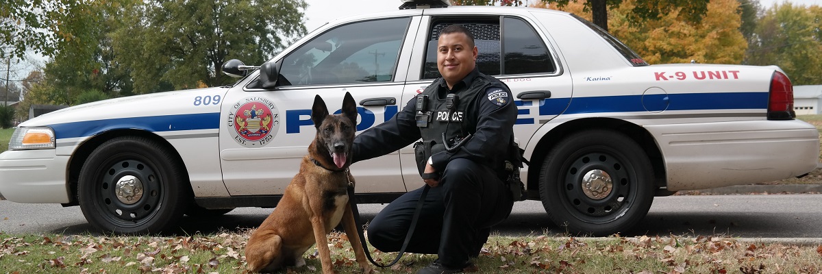 Police dog and officer in front of a police car